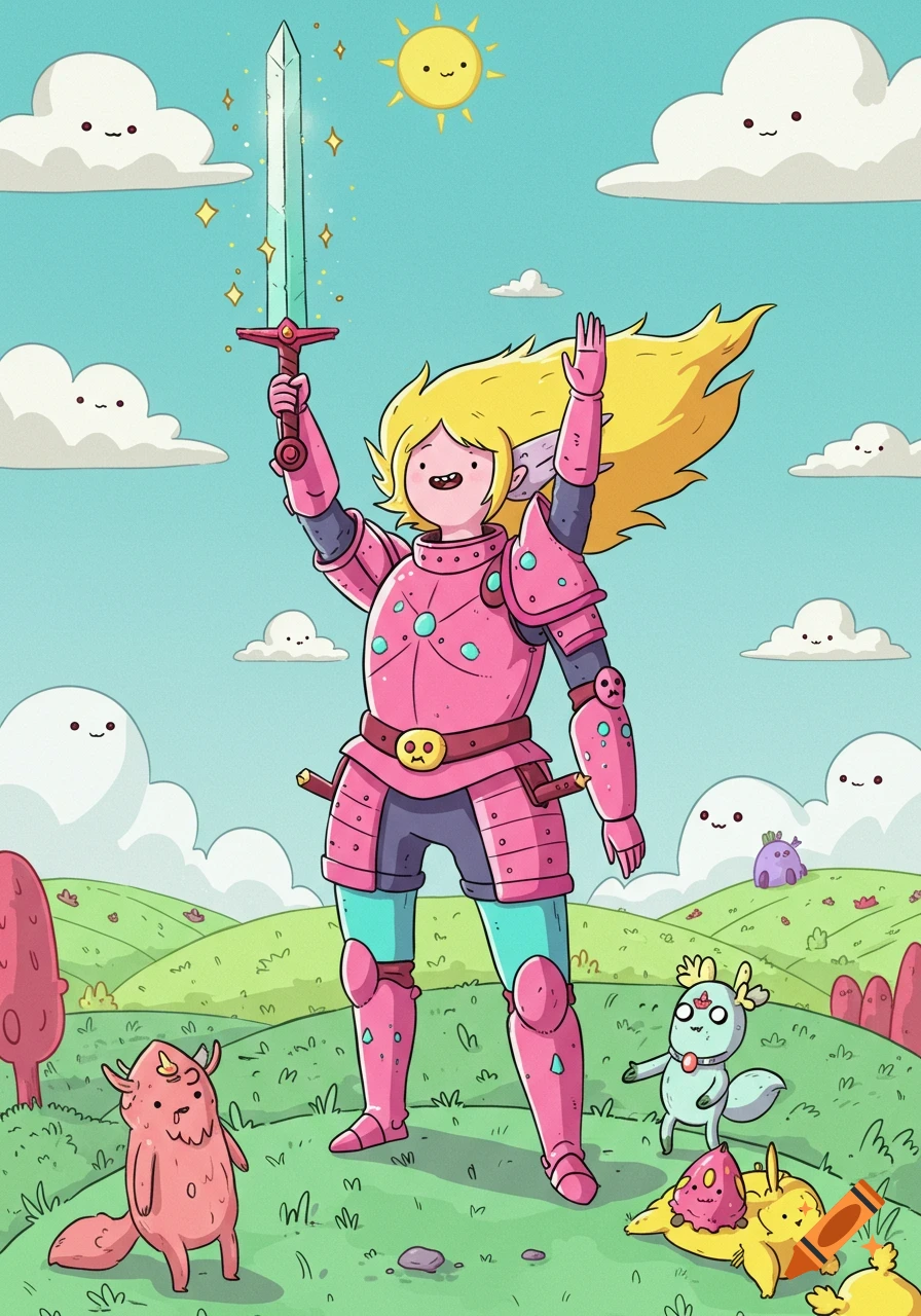 A blonde female fantasy adventurer in pink armor holds up a glowing sword in a cartoon landscape with smiling clouds and cute creatures, in the Adventure Time style.