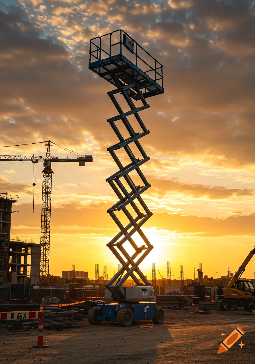 A tall blue scissor lift and a large crane at a dusty construction site, silhouetted against a vibrant orange and yellow sunset sky.