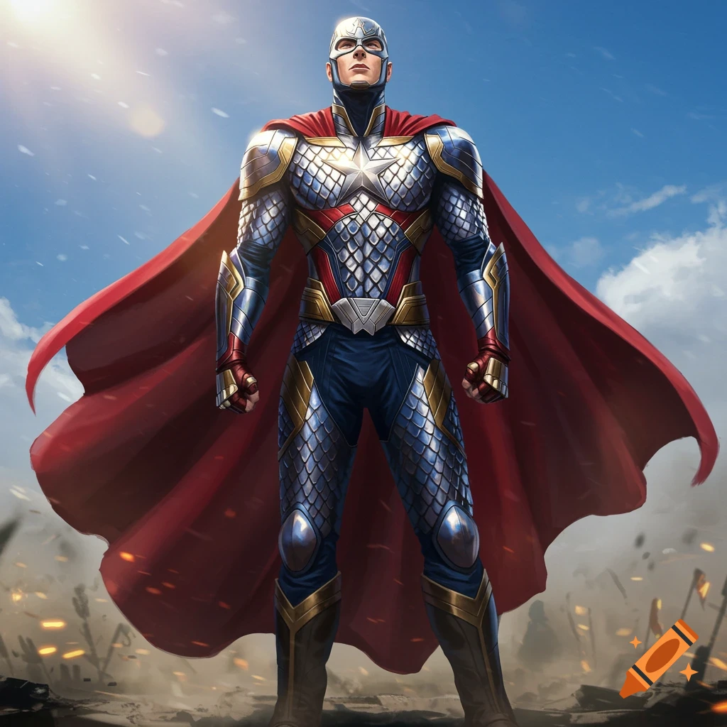 Full shot of Captain America in detailed scale armor and a red cape, standing heroically under a bright sky.