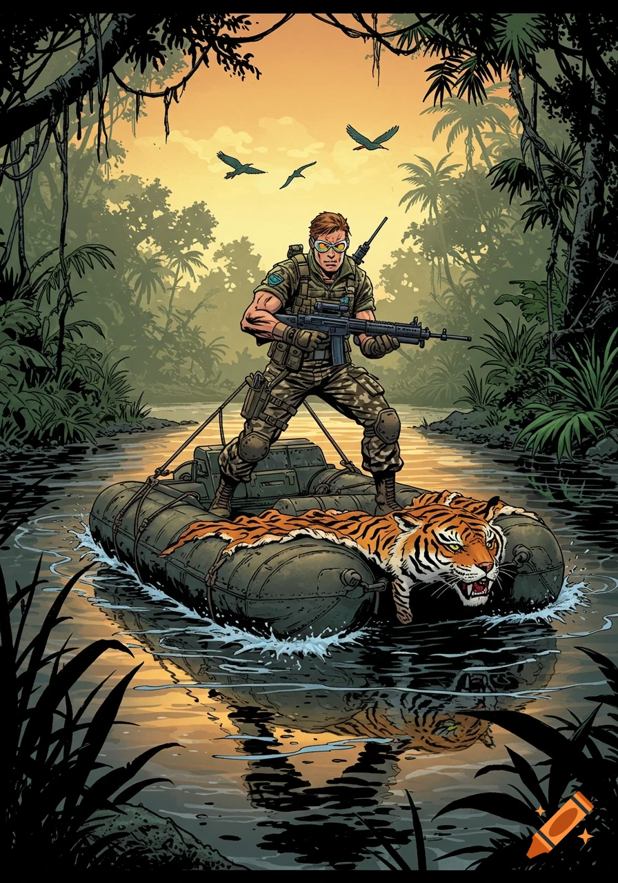 A comic book style illustration of a soldier in combat gear standing on a raft with a tiger skin, floating on a jungle river at sunset.