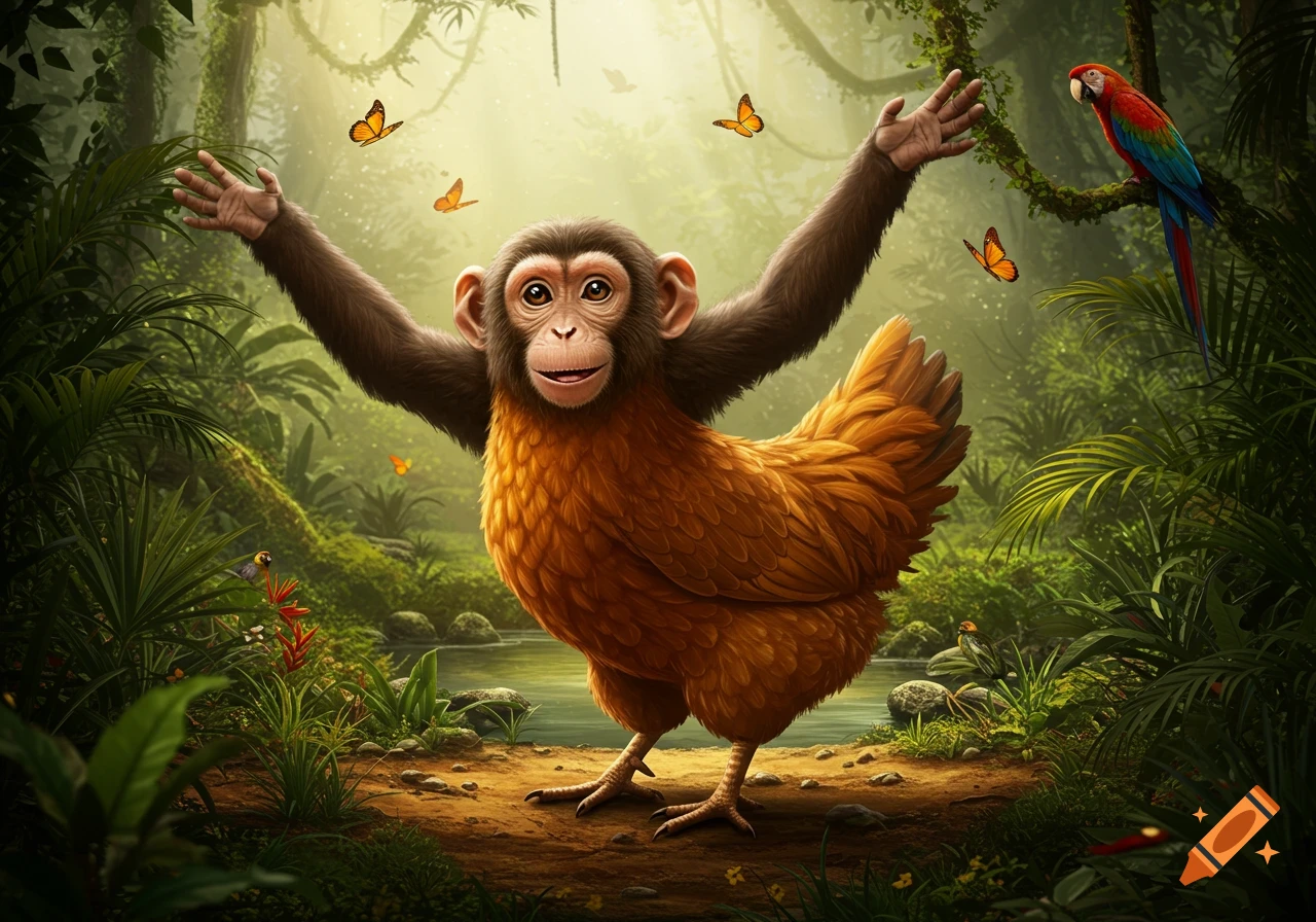 A monkey-chicken hybrid stands in a vibrant jungle, arms outstretched, with butterflies and a parrot.