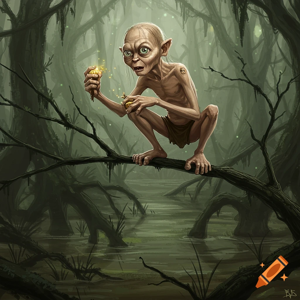Gollum squats on a tree branch over a swamp, intently holding a glowing golden ring. Detailed illustration.