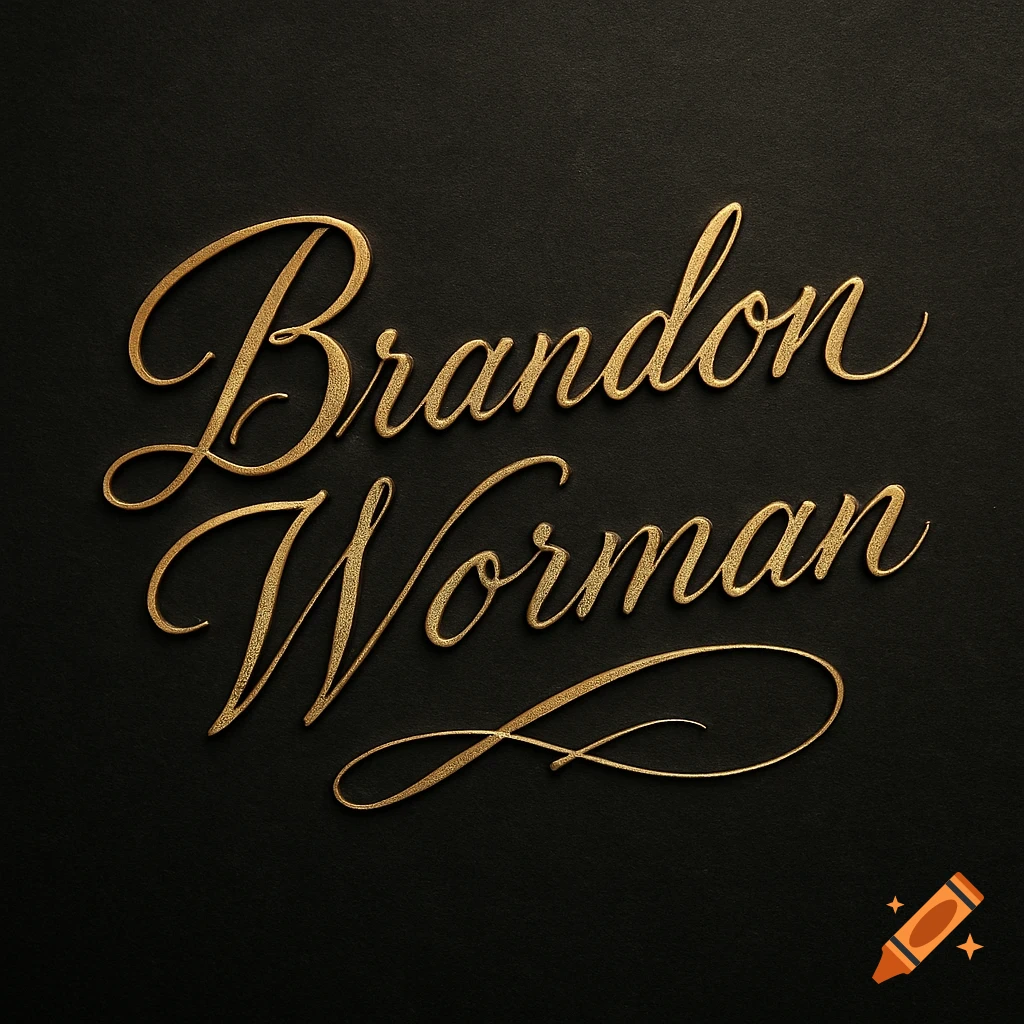 Gold textured cursive script spelling 'Brandon Worman' on a black background.