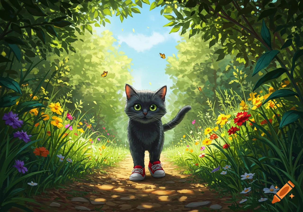 A whimsical black cat with big green eyes and small red sneakers walks on a forest path, surrounded by colorful flowers and green foliage under a blue sky.