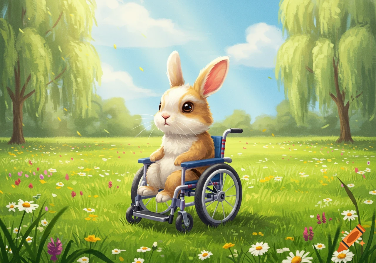 A cute, fluffy brown and white bunny sits in a blue wheelchair in a vibrant green meadow filled with wildflowers under a sunny blue sky with willow trees.