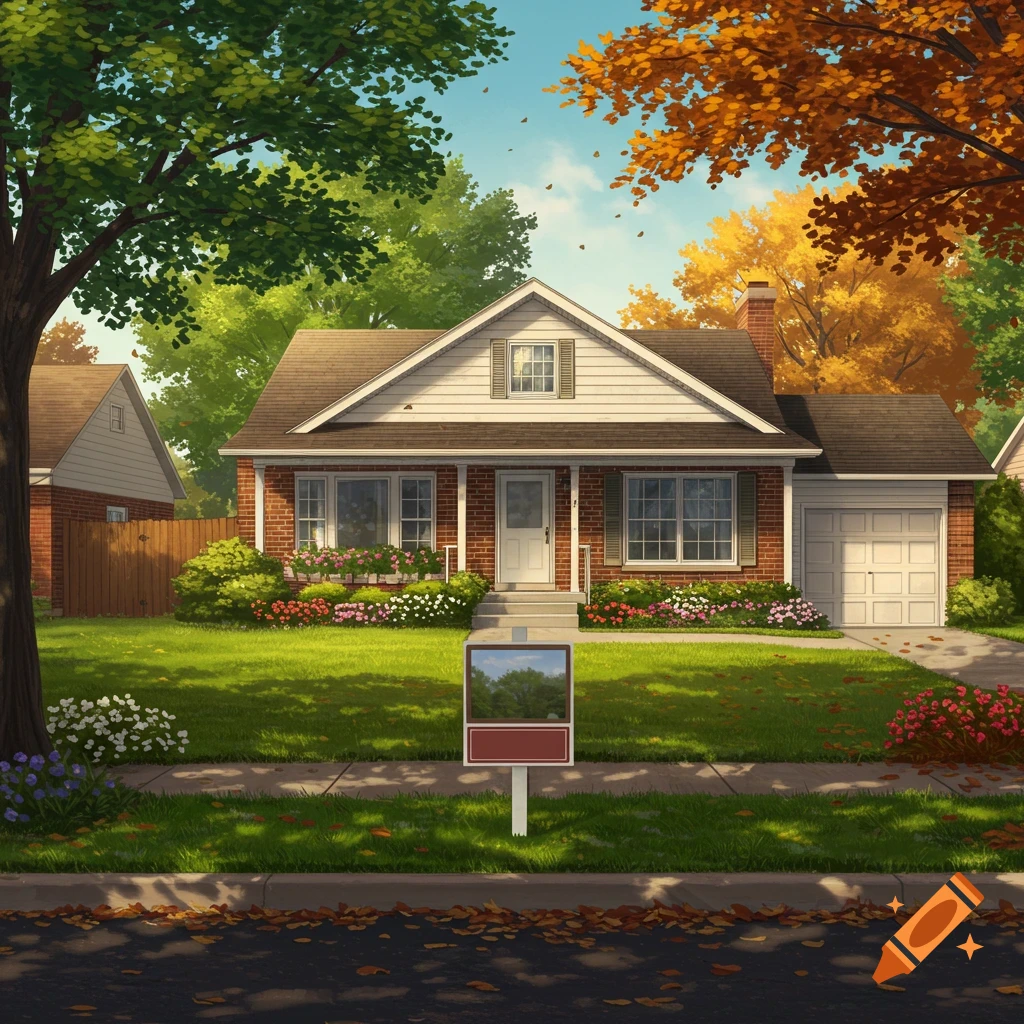 A well-maintained brick house with a green lawn and colorful autumn trees in a sunny neighborhood scene.