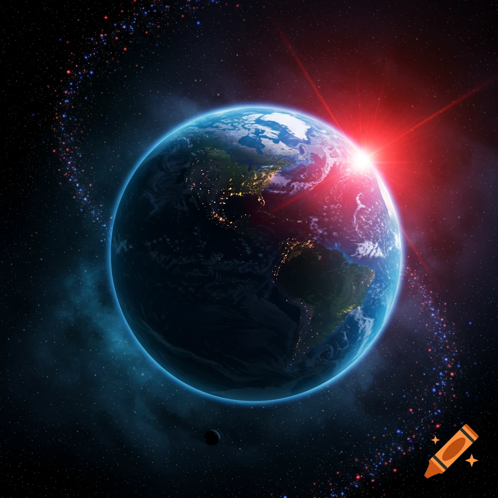 Photorealistic view of Earth from space with city lights visible and a bright red sun rising over the horizon.