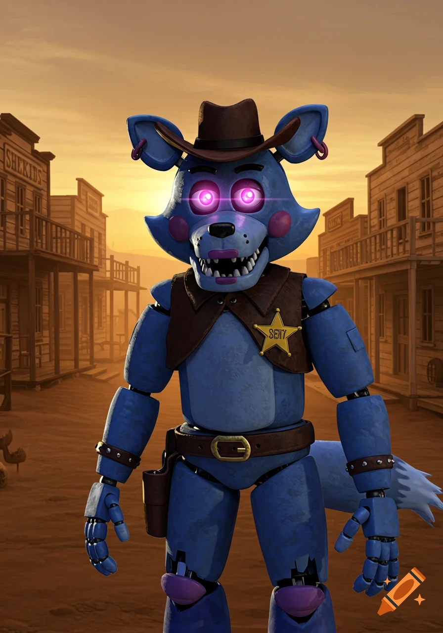 A blue animatronic wolf character wearing a cowboy hat and sheriff's vest with glowing pink eyes stands in a Wild West town at sunset.