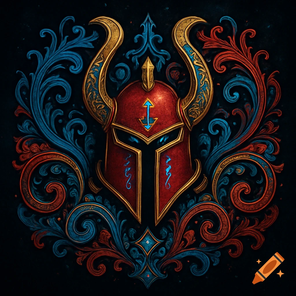 Ornate red and gold fantasy helmet with intricate blue and red scrollwork on a dark background.