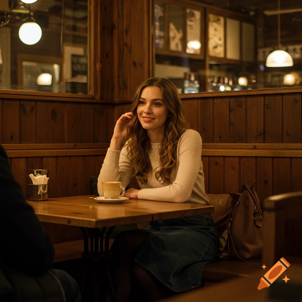 A smiling young woman with long wavy hair sits at a wooden table in a warmly lit cafe, a cup of coffee in front of her.