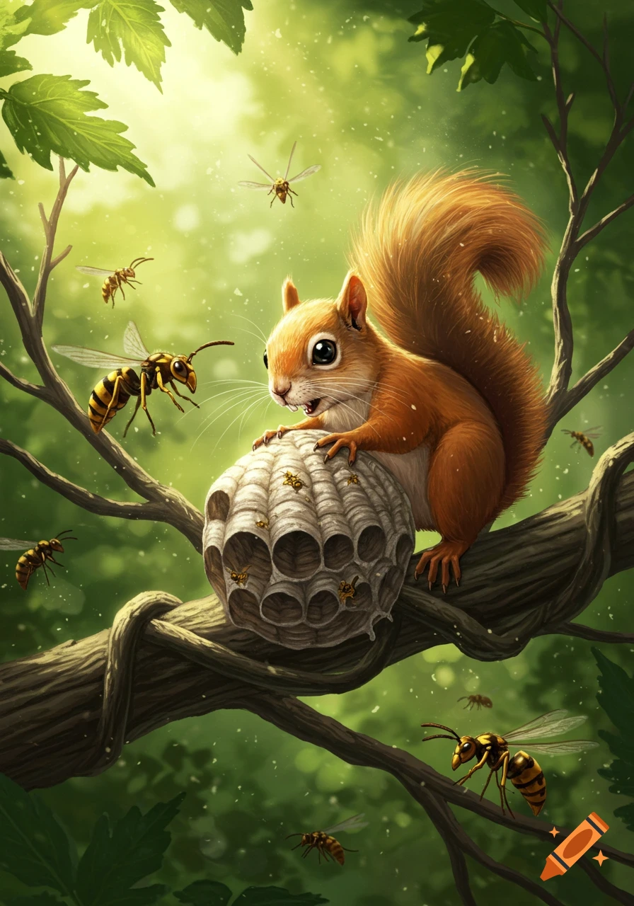 A cute brown squirrel on a tree branch looking at a wasp nest while wasps fly around, in a vibrant green forest illustration.