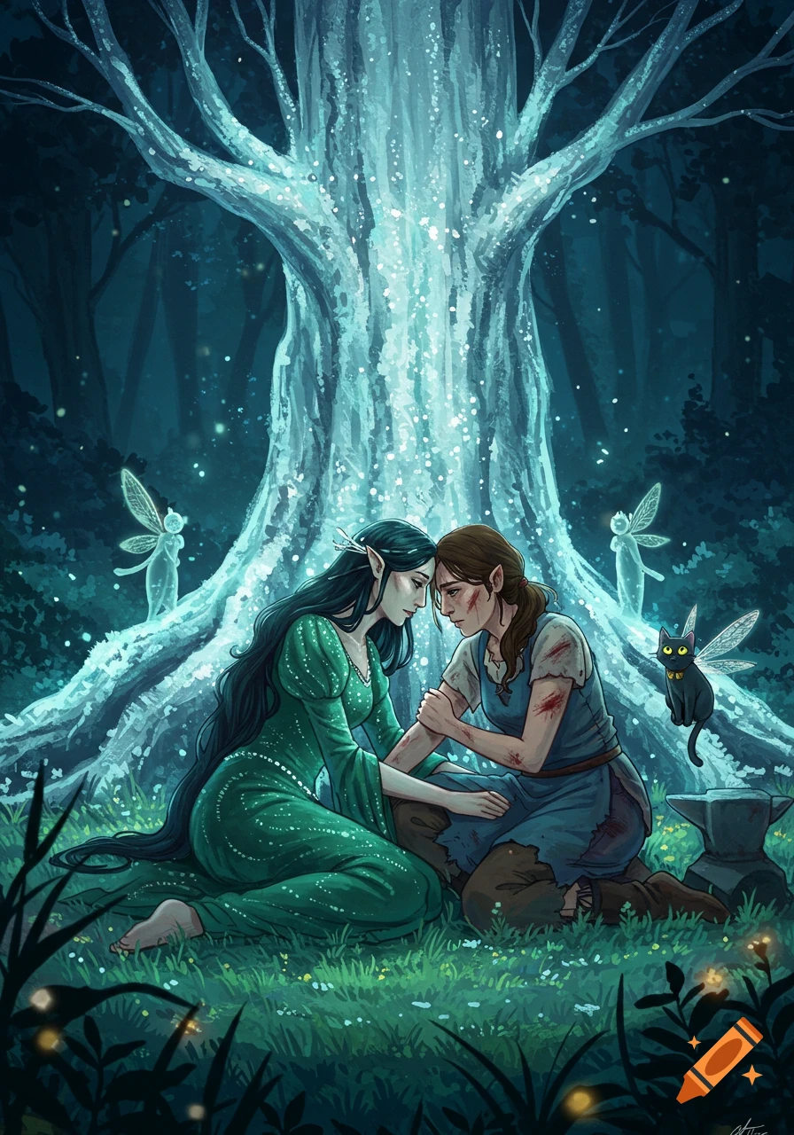 Two women, one an elf in green and another in blue, embrace under a glowing tree in an enchanted forest with fairies and a winged cat.