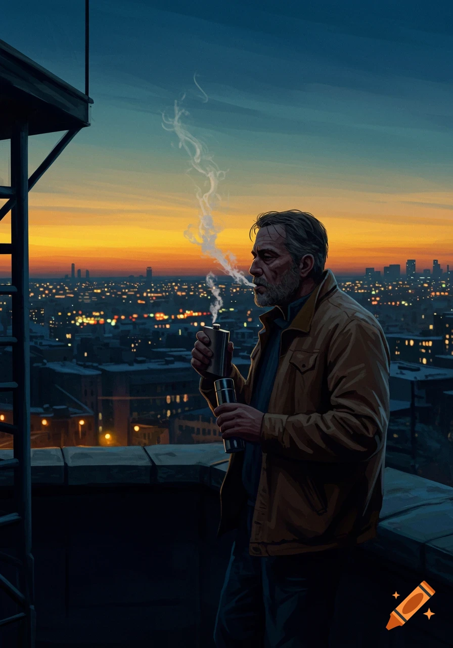An illustration of a weary man smoking on a rooftop, holding a flask, overlooking a city at sunset.