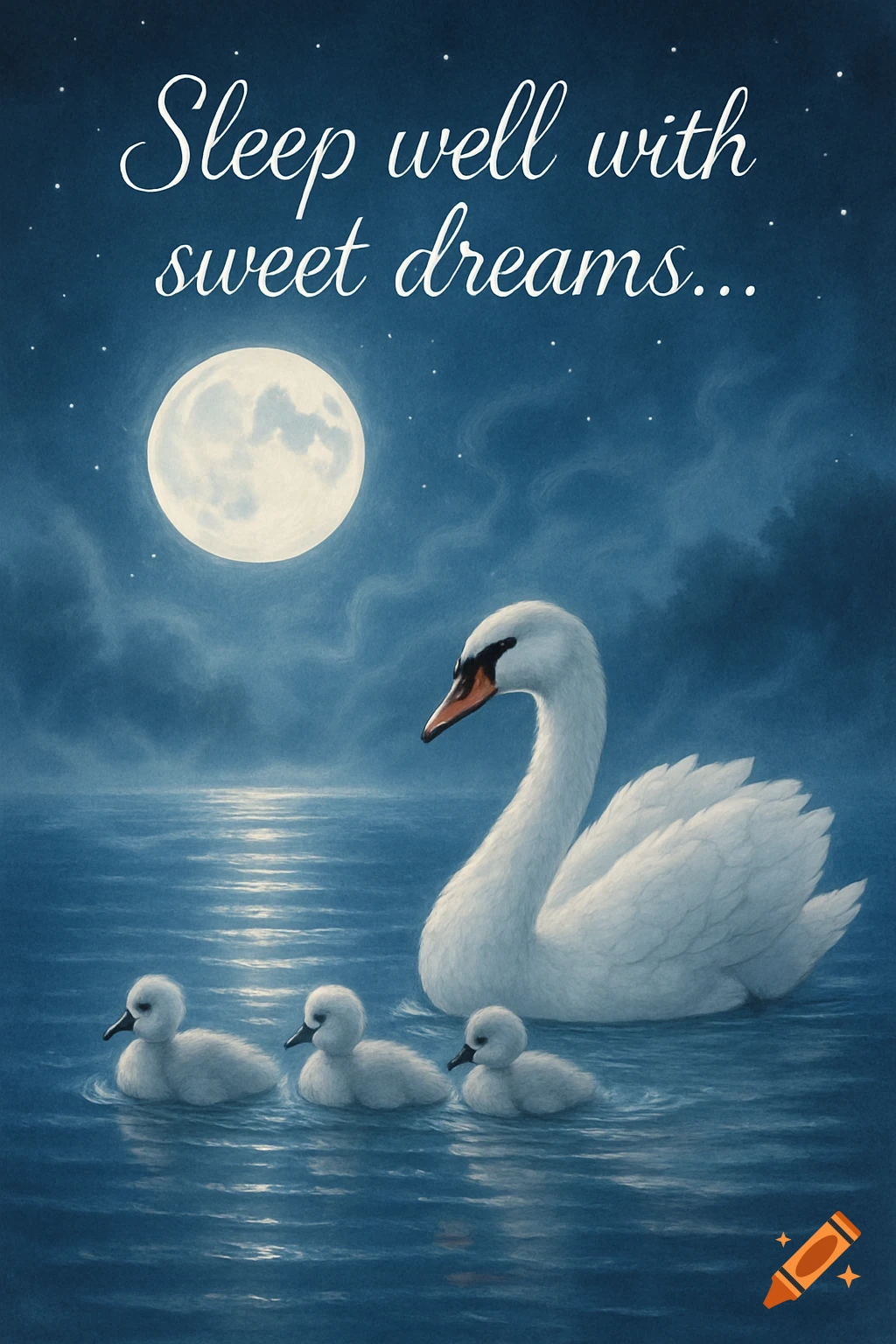 A white swan and three cygnets float on a moonlit lake under a starry night sky with the text "Sleep well with sweet dreams..."