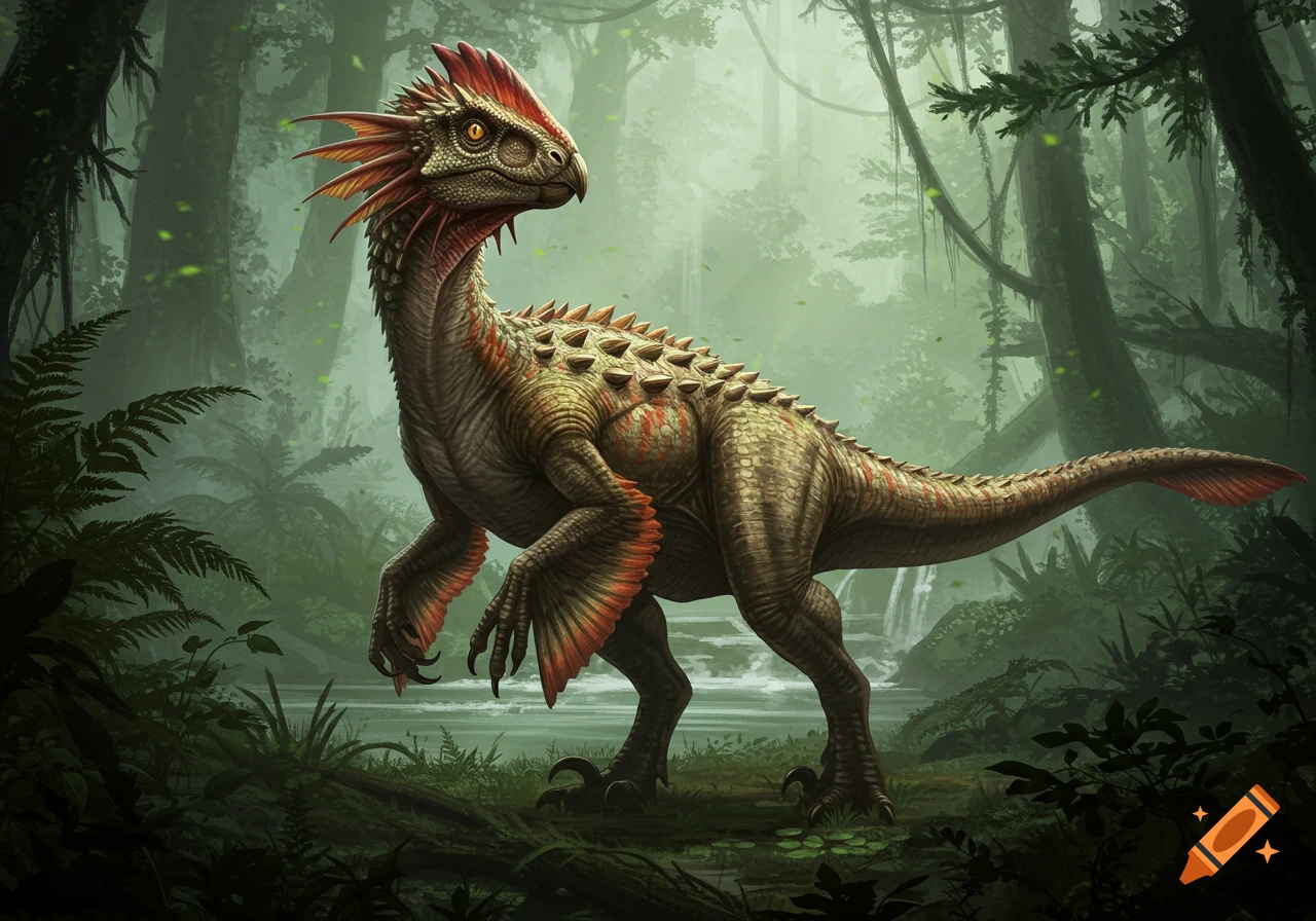 A feathered dinosaur hybrid stands in a lush, misty jungle beside a river.