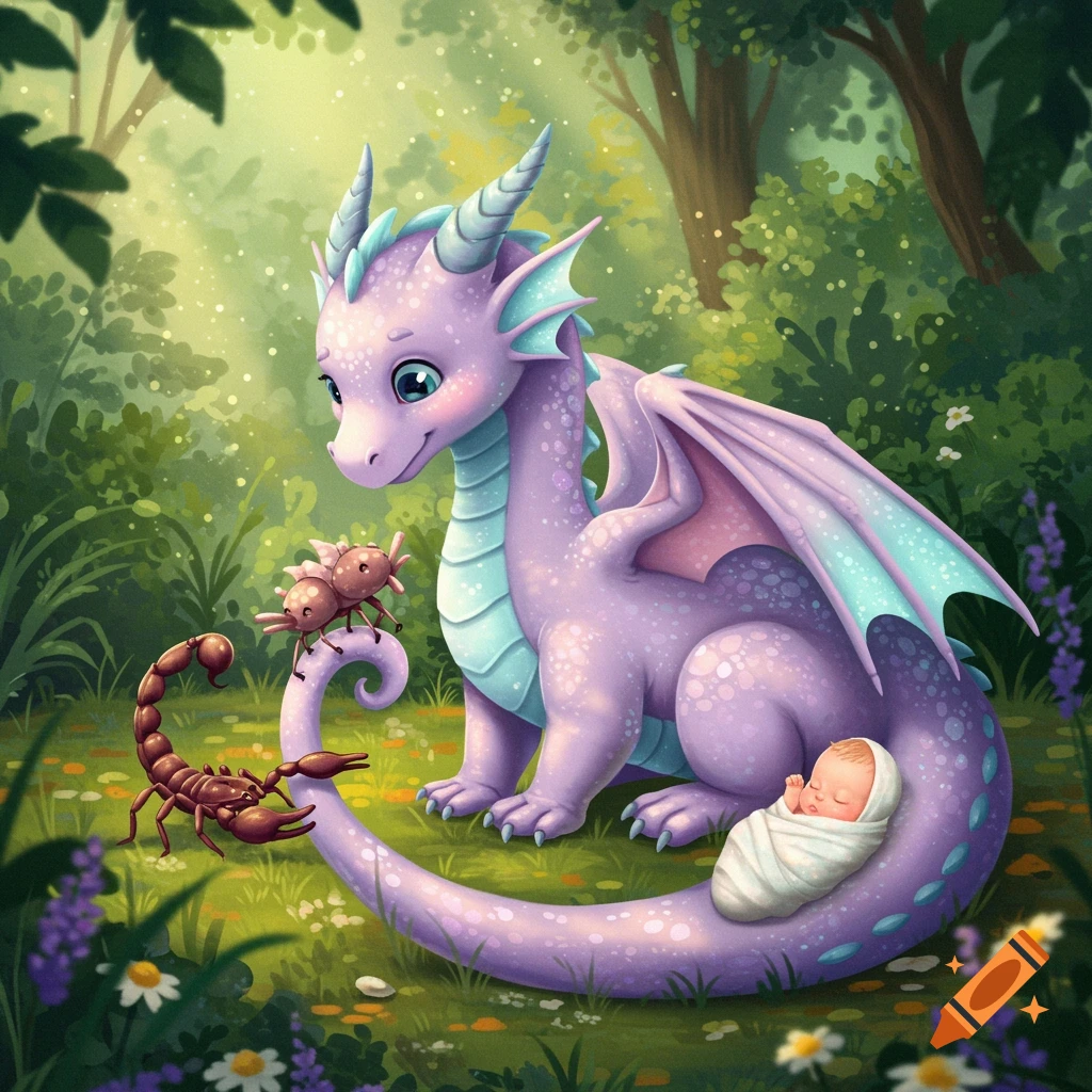 A cute purple dragon in a magical forest with a sleeping baby on its tail, a scorpion, and another insect.