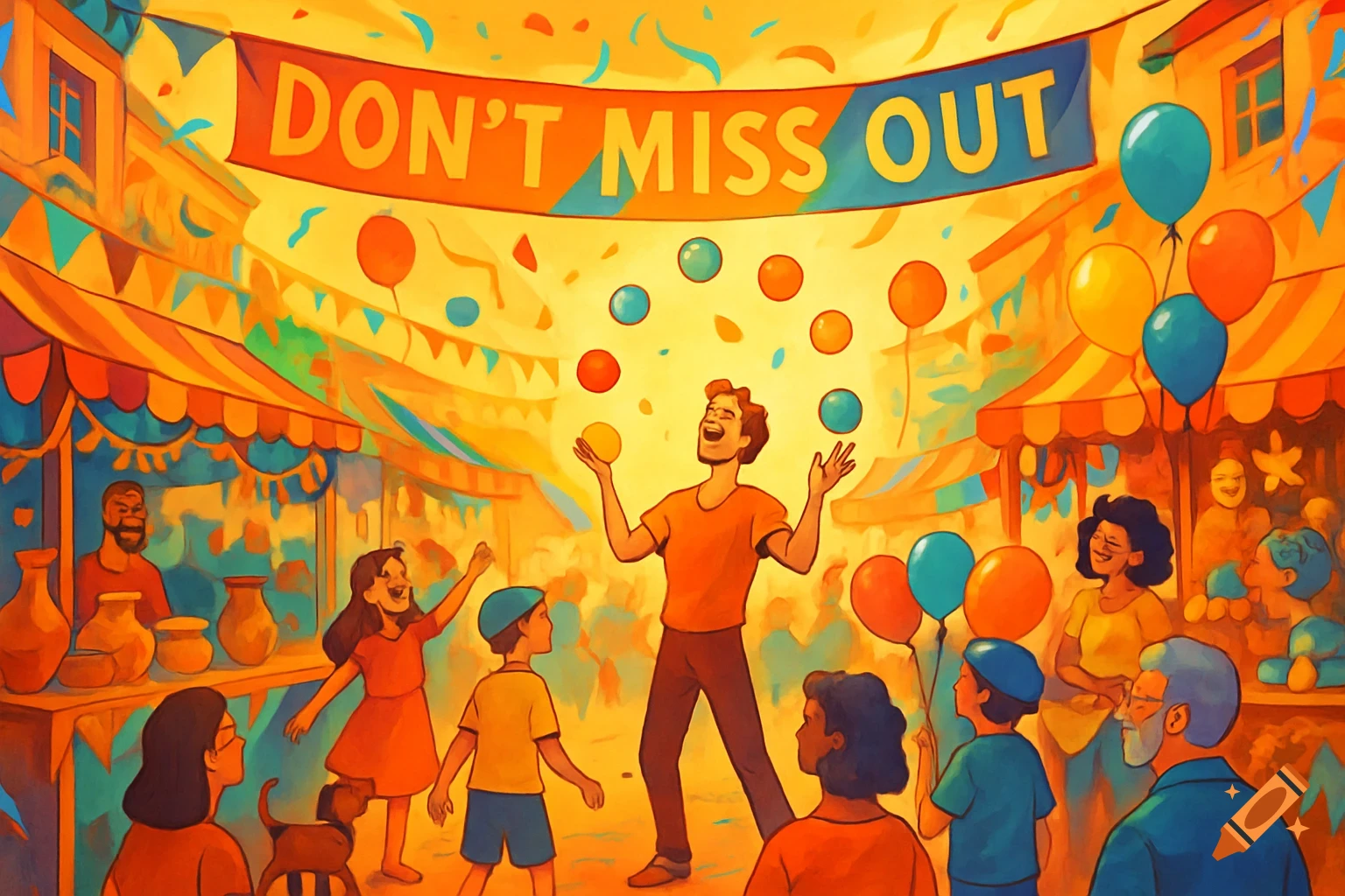 Colorful painterly illustration of a lively festival with a juggler, people, market stalls, and a banner reading 'DON'T MISS OUT'.