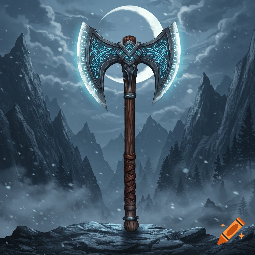 A detailed illustration of a glowing blue fantasy battle axe standing on rocks in a snowy mountain landscape under a crescent moon.