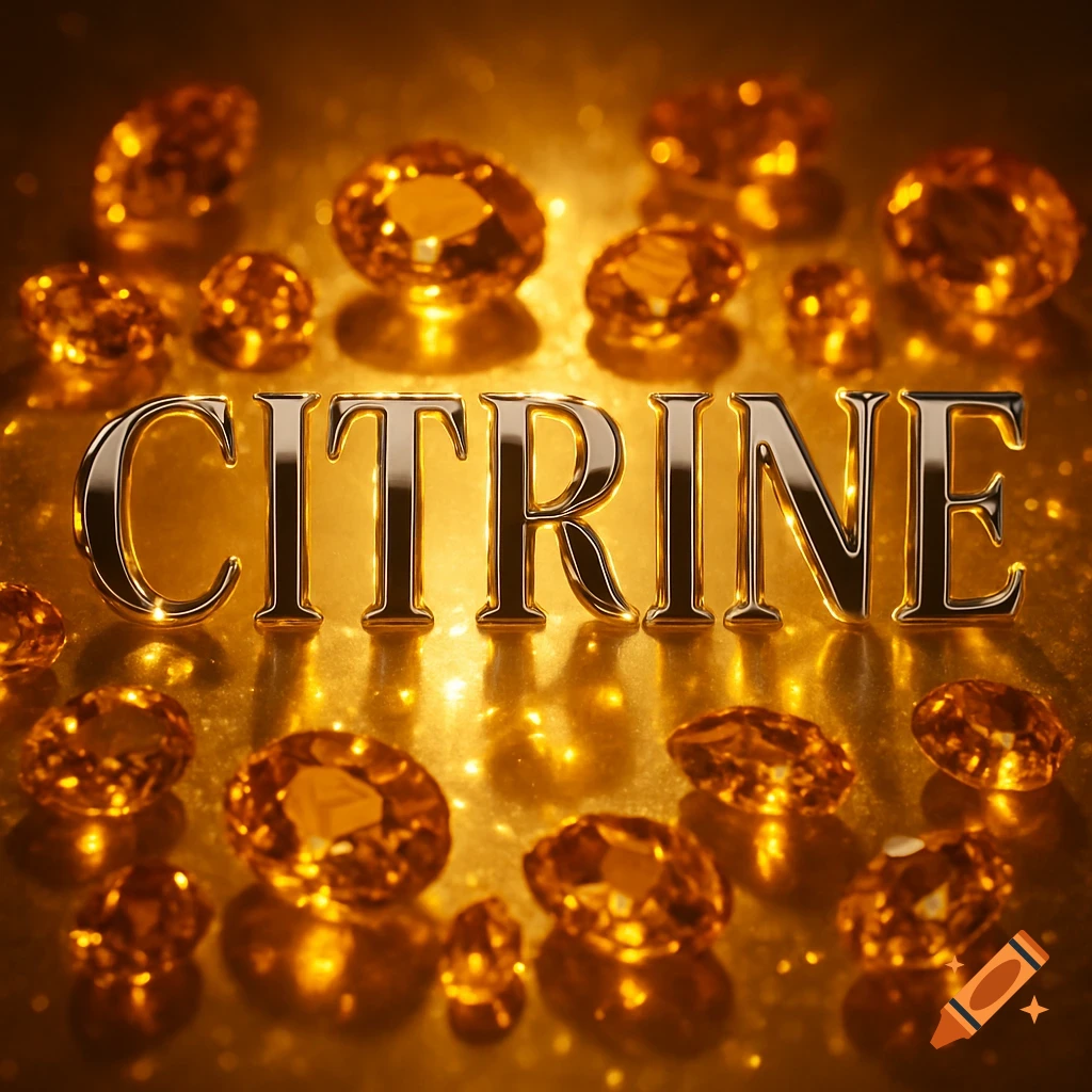 Golden citrine gemstones scattered around the word 'CITRINE' in metallic gold letters on a sparkling golden surface, with glowing reflections.