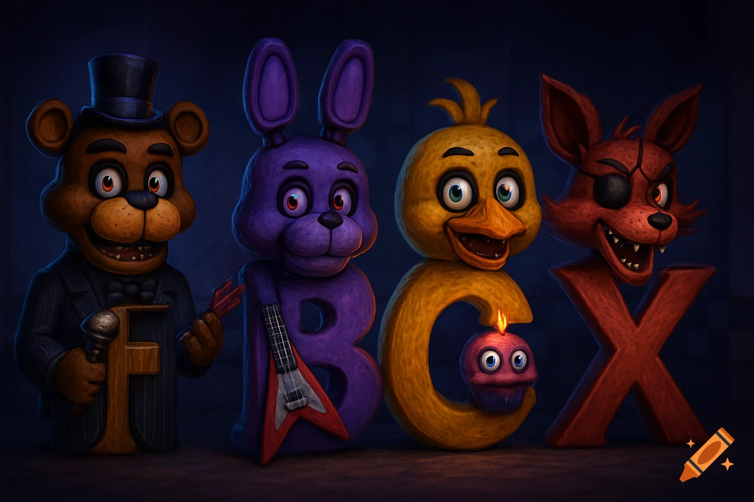 Four animatronic characters from Five Nights at Freddy's, Freddy, Bonnie, Chica, and Foxy, depicted as block letters F, B, C, and X respectively, standing in a dark room.
