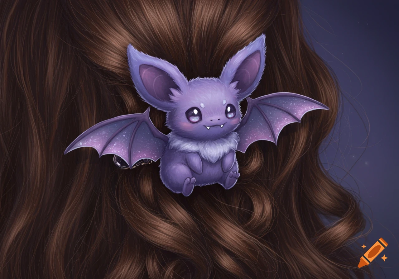 A cute purple bat-like creature hair clip with sparkly wings, nestled in wavy brown hair.
