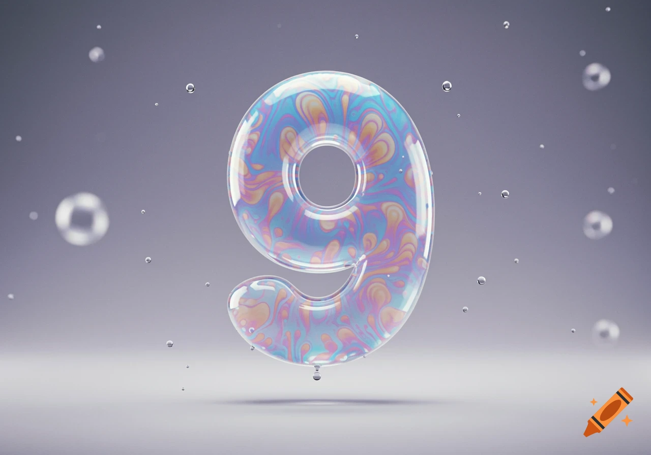 A translucent iridescent soap bubble number 9 floats on a gradient grey background surrounded by smaller bubbles.