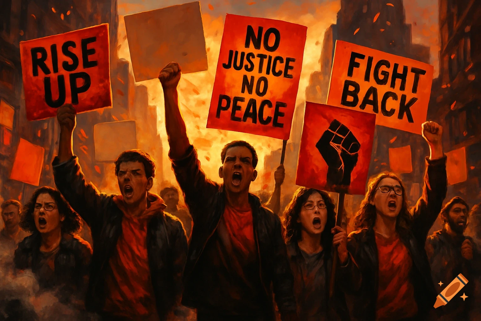 A large crowd of people protesting, holding red signs with phrases like 'RISE UP', 'NO JUSTICE NO PEACE', and 'FIGHT BACK', with determined expressions.