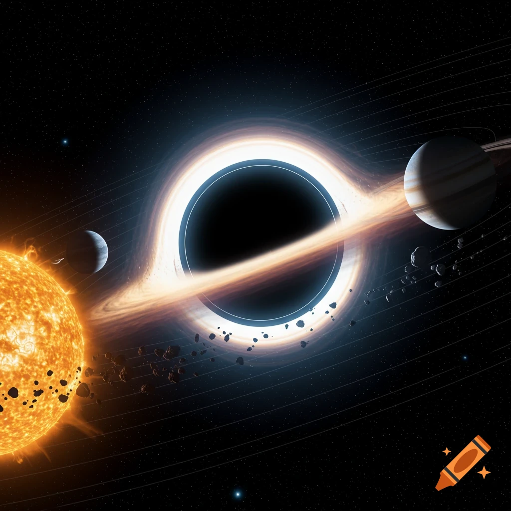 A massive black hole with a luminous orange and white accretion disk, orbited by planets, a large sun, and asteroids in deep space.