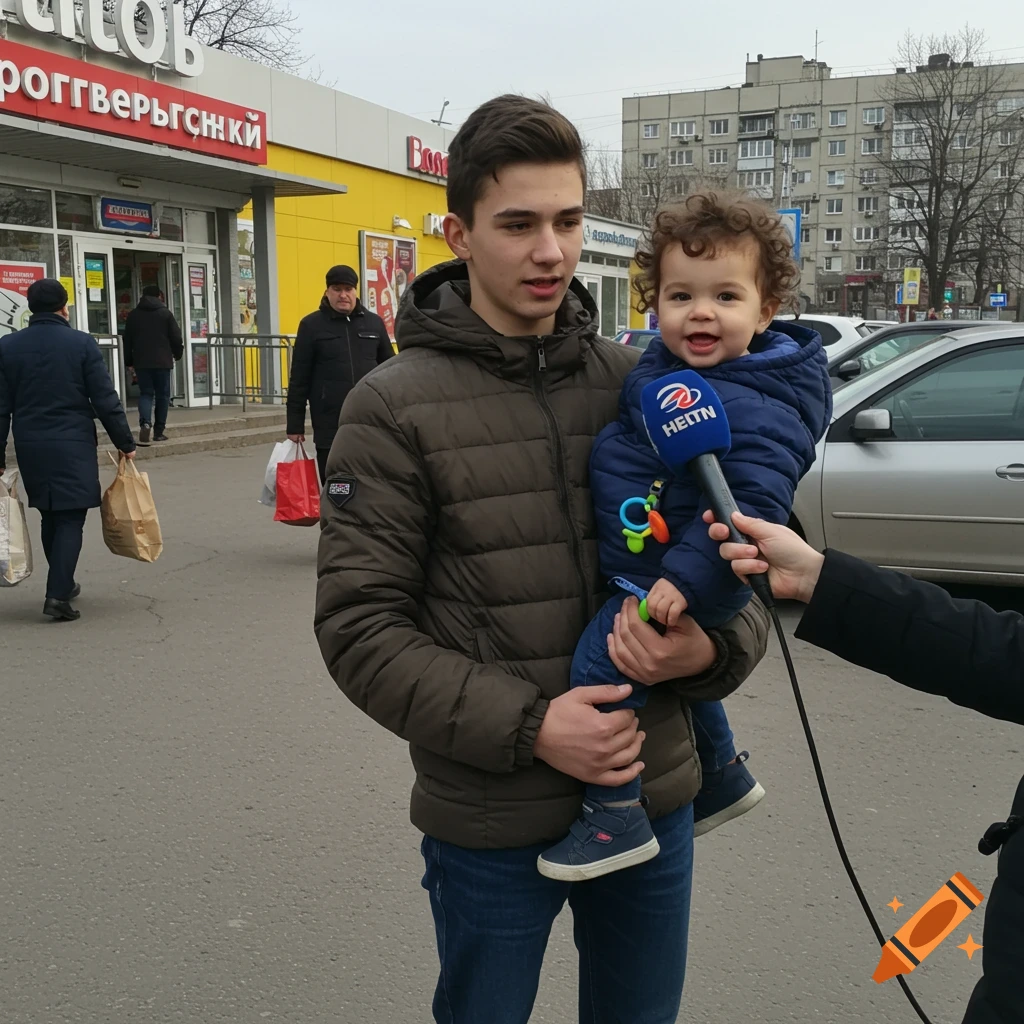 A teenage boy holding a smiling toddler is interviewed on a city street in front of a supermarket.