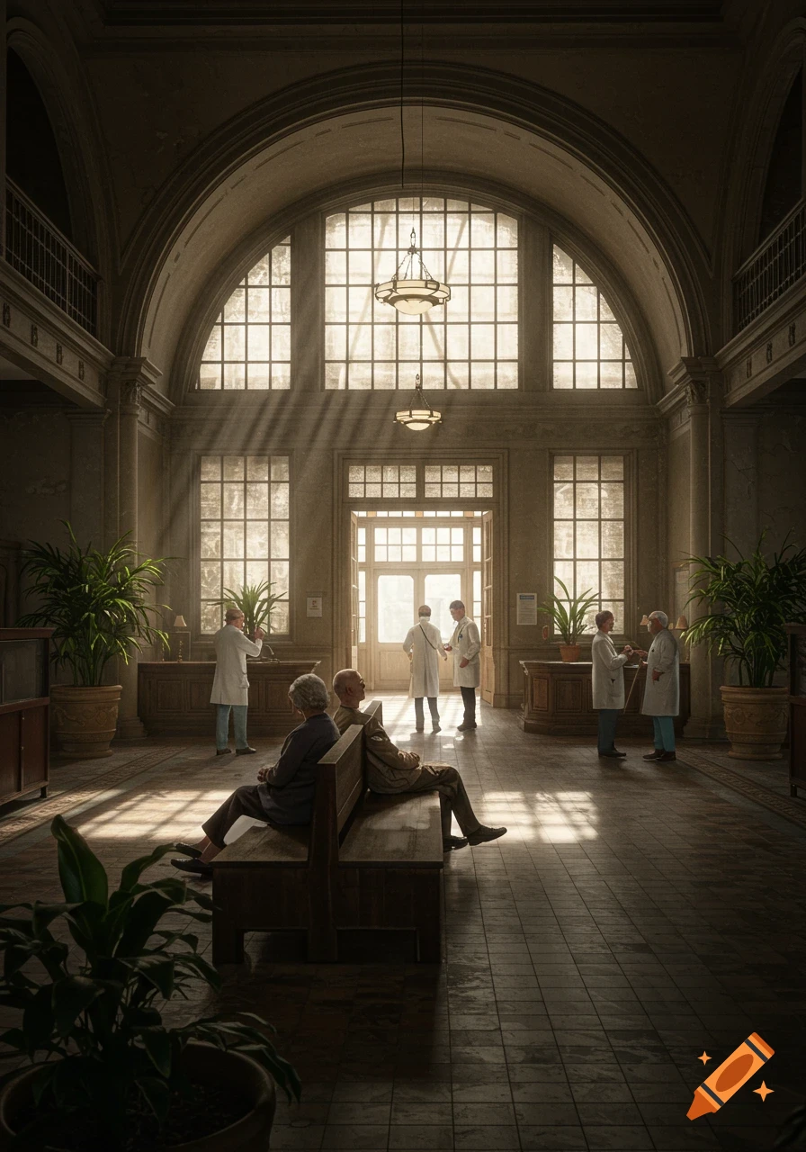 An old hospital lobby with patients and doctors, sunbeams stream through large arched windows.