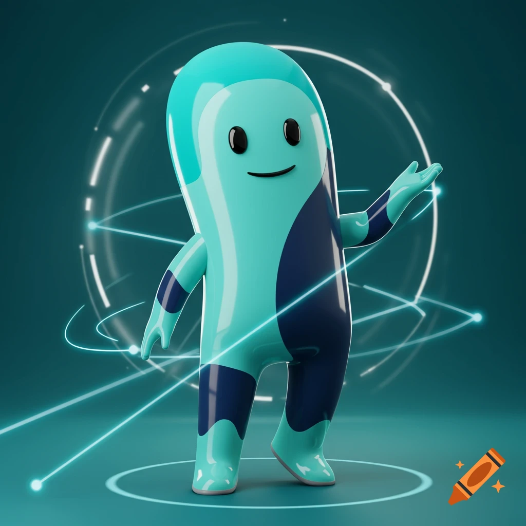 A friendly, glossy 3D rendered mascot character in teal and navy, standing against a futuristic background with glowing cyan lines.