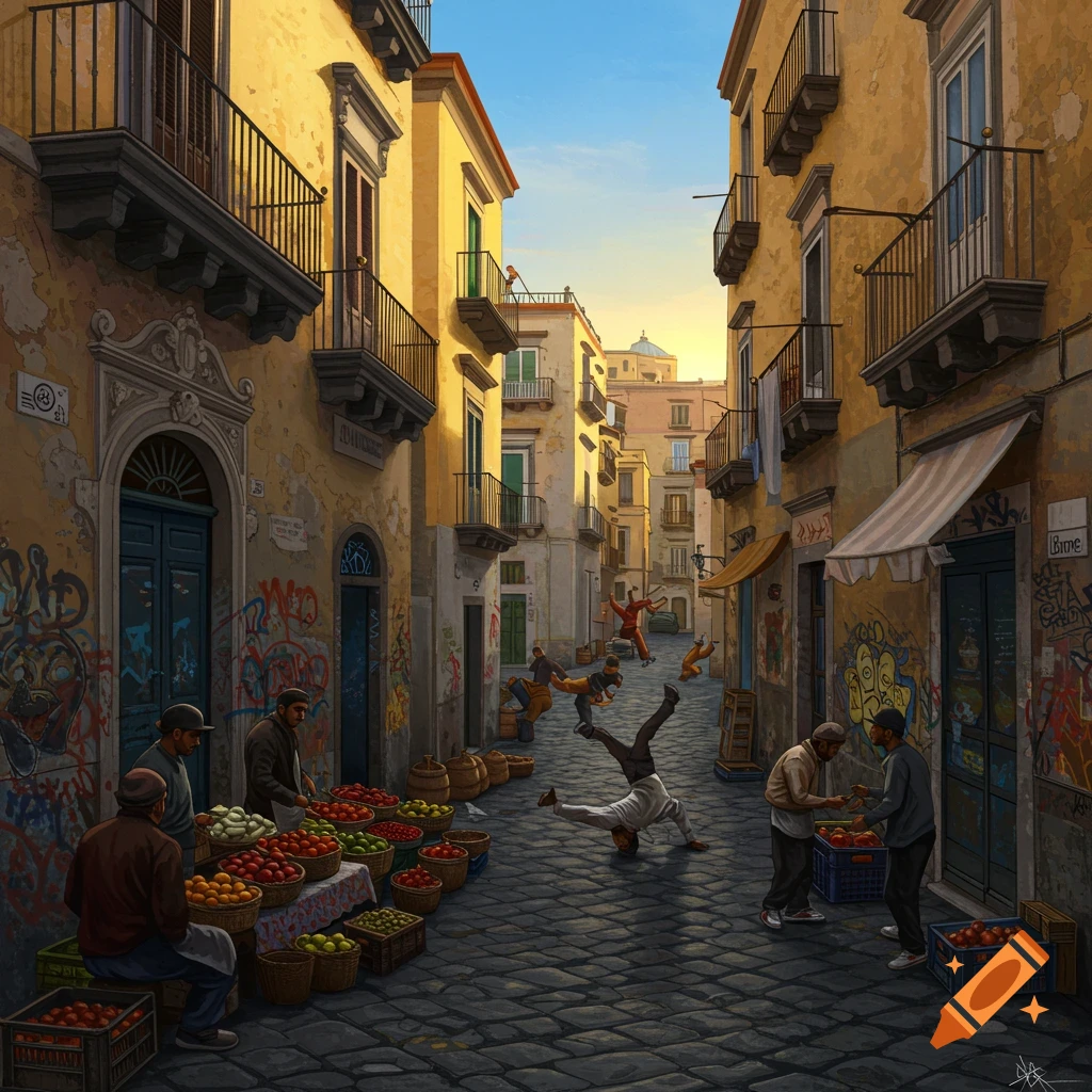 A vibrant street scene in Naples, Italy, with yellow buildings and cobblestone streets. People are at market stalls with fruits and vegetables, while others dance or perform acrobatics in the street. Graffiti covers some walls.