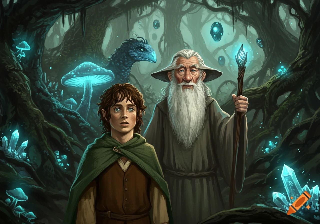 A fantasy illustration of Frodo and Gandalf standing in an enchanted, glowing forest with bioluminescent mushrooms and crystals.