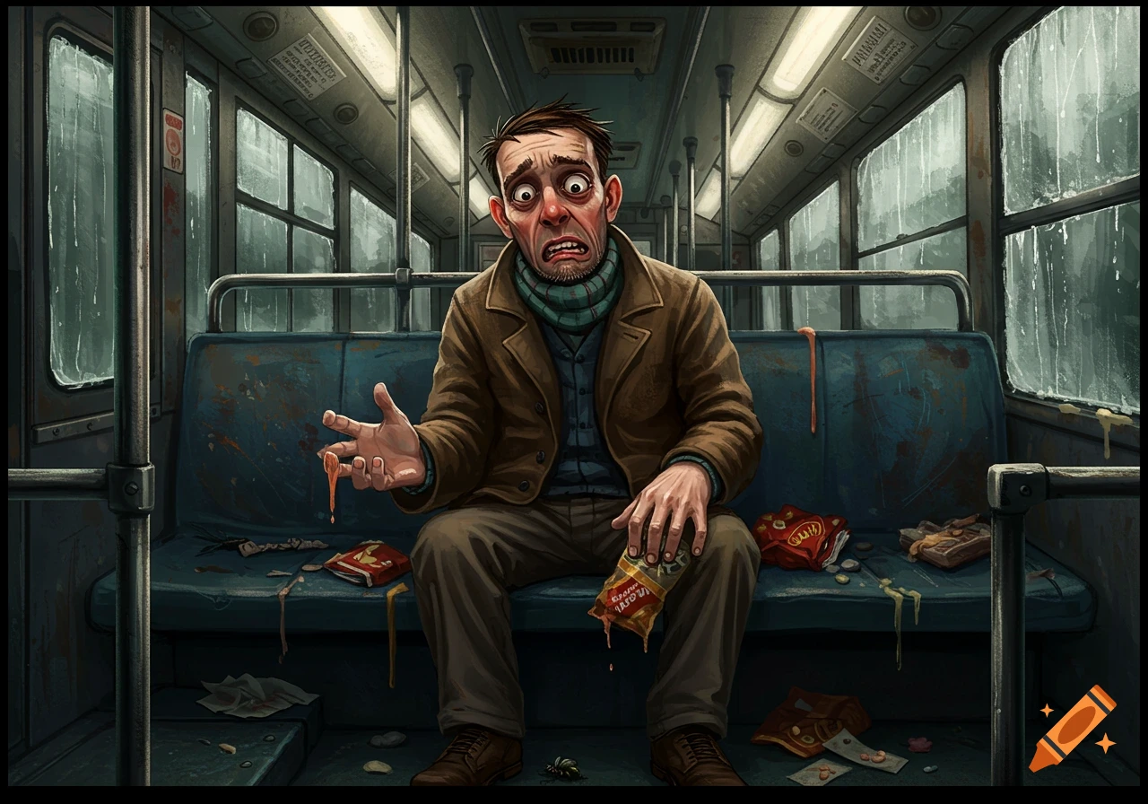 An illustrative depiction of a man with a disgusted expression sitting on a dirty bus, holding a bag of messy food.
