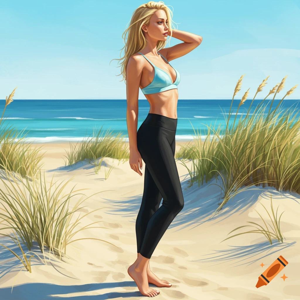 An illustrated image of a skinny blonde woman standing barefoot on a sandy beach in black leggings and a light blue bra, looking out towards the ocean.