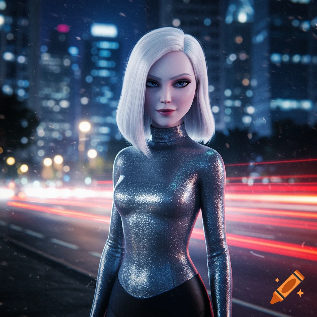 A photorealistic CGI woman with short white hair and a shimmering silver top stands in a city at night with blurred red light trails.