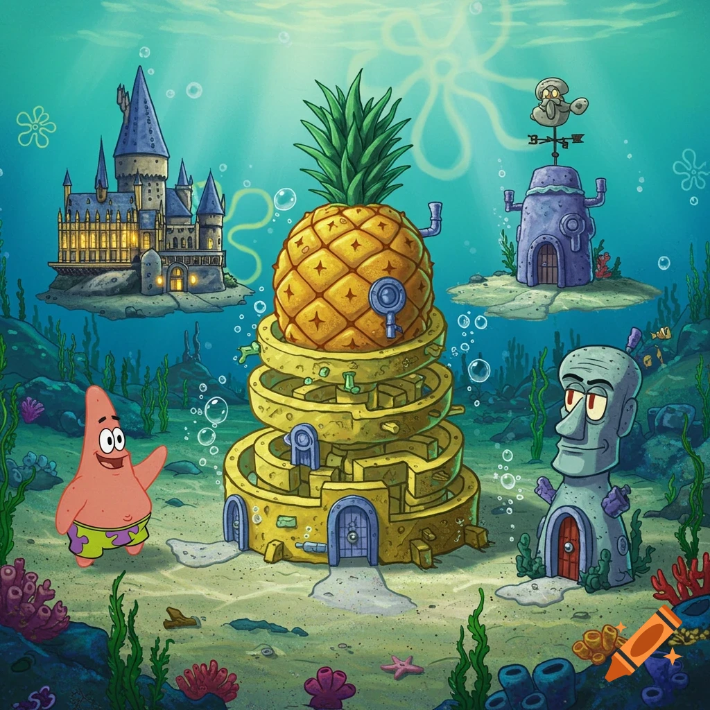 An underwater scene features Patrick Star, Squidward's Moai house, and SpongeBob's pineapple house transformed into a maze, with Hogwarts castle floating in the background.