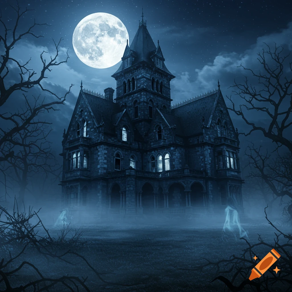 A spooky haunted mansion under a full moon at night, surrounded by bare trees and mist with faint ghostly figures.