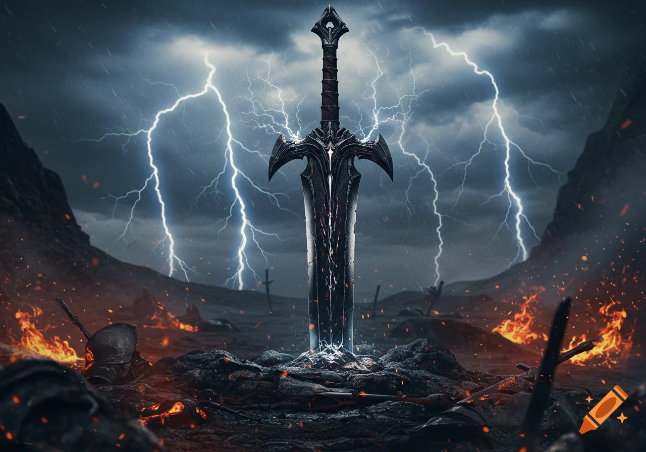 A powerful, ornate black sword stands vertically in a desolate, fiery landscape under a stormy sky with lightning.