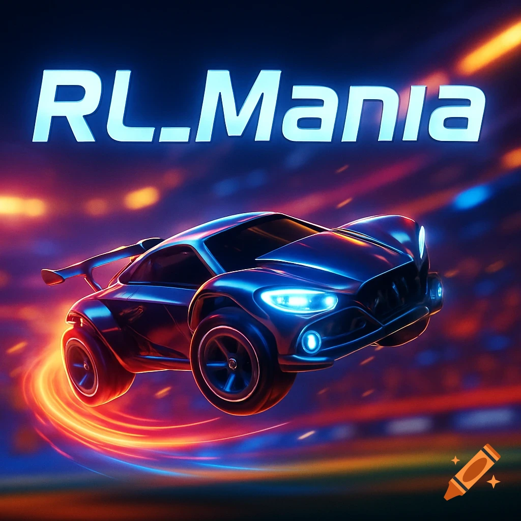 Futuristic blue sports car with neon glow trails against a dark, speed-streaked background, with 'RL_Mania' text above.