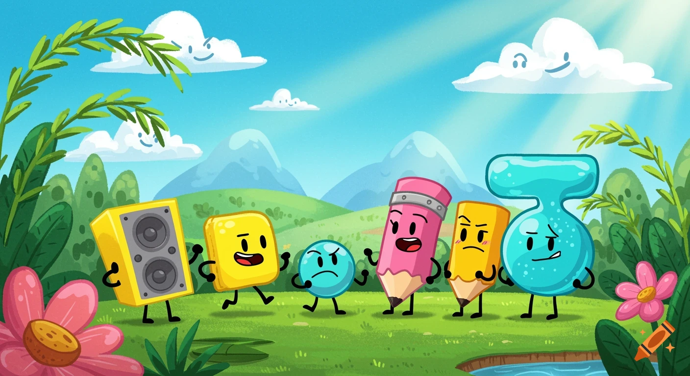 Colorful cartoon objects with faces and limbs, including a yellow speaker, a yellow square, a blue circle, a pink pencil, a yellow pencil, and a blue hourglass, stand in a vibrant green landscape with mountains, trees, and smiling white clouds under a bright blue sky.