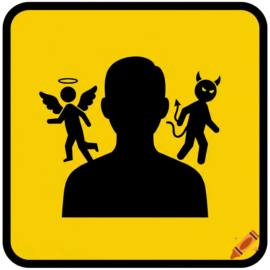 A yellow square icon with a black silhouette of a person, an angel on one shoulder, and a devil on the other.
