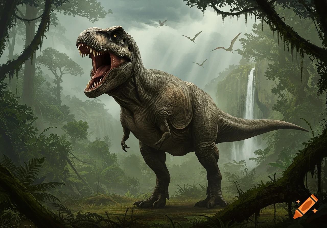 A photorealistic T-Rex roars, standing in a lush, misty jungle with a waterfall and flying pterosaurs in the background.
