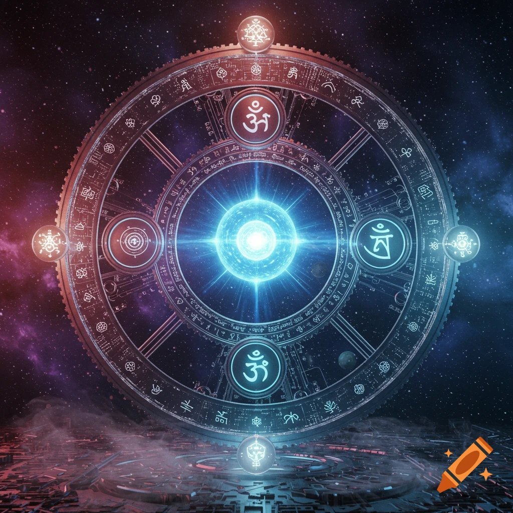 A glowing, intricate cybernetic wheel with spiritual symbols, set against a vibrant starry galaxy background.