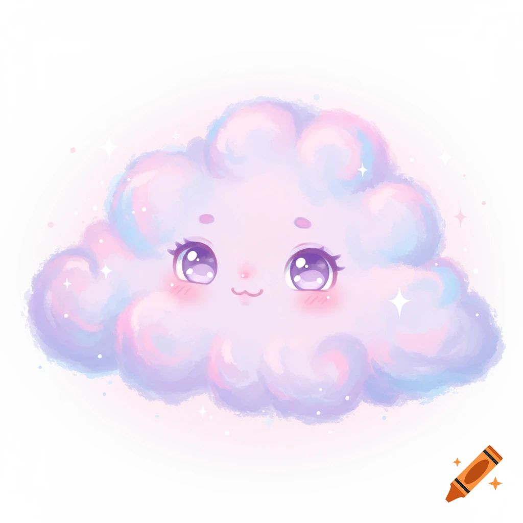 A cute, smiling cartoon cloud with large purple eyes, pink cheeks, and pastel purple, pink, and blue hues, surrounded by sparkles.