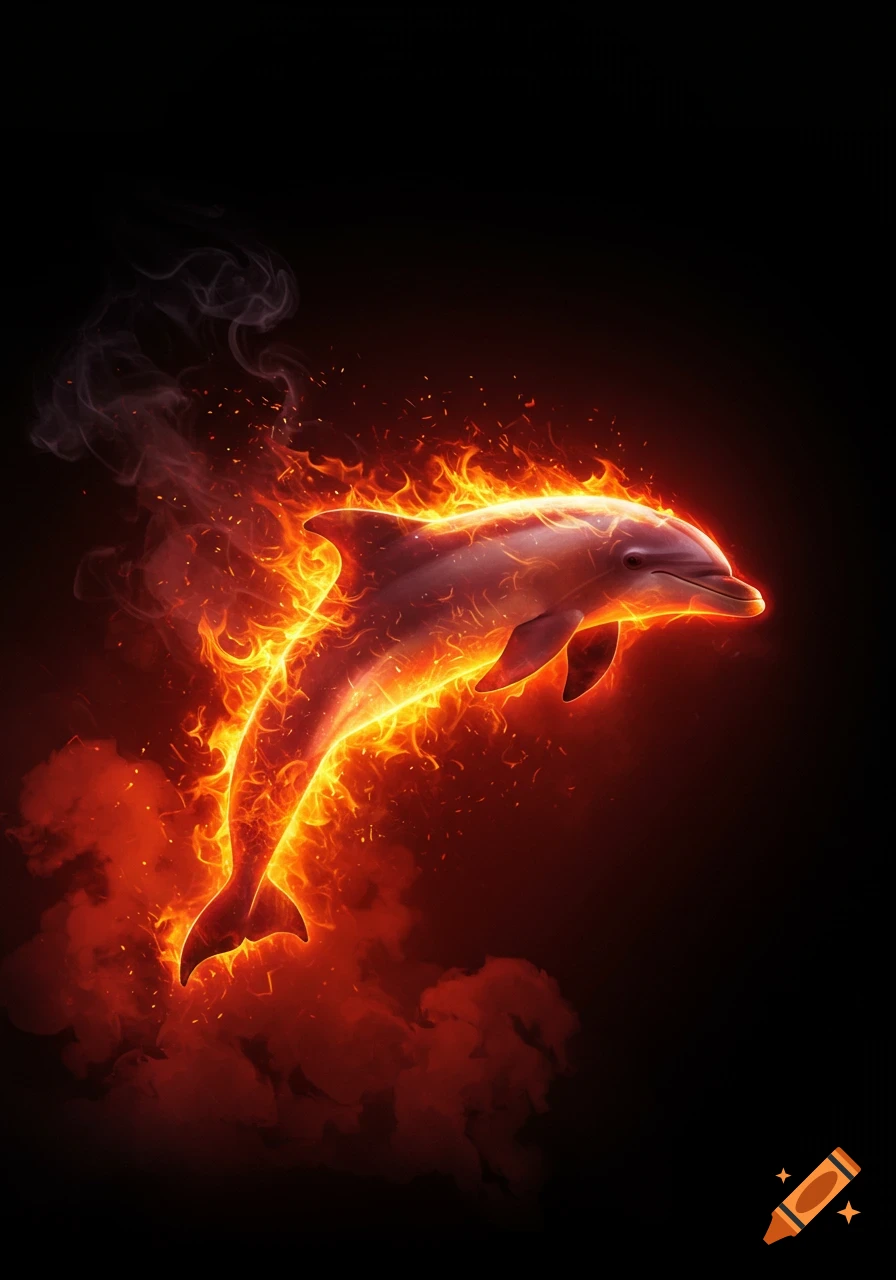 A vibrant digital illustration of a dolphin leaping, engulfed in bright orange and red flames with smoke on a dark background.