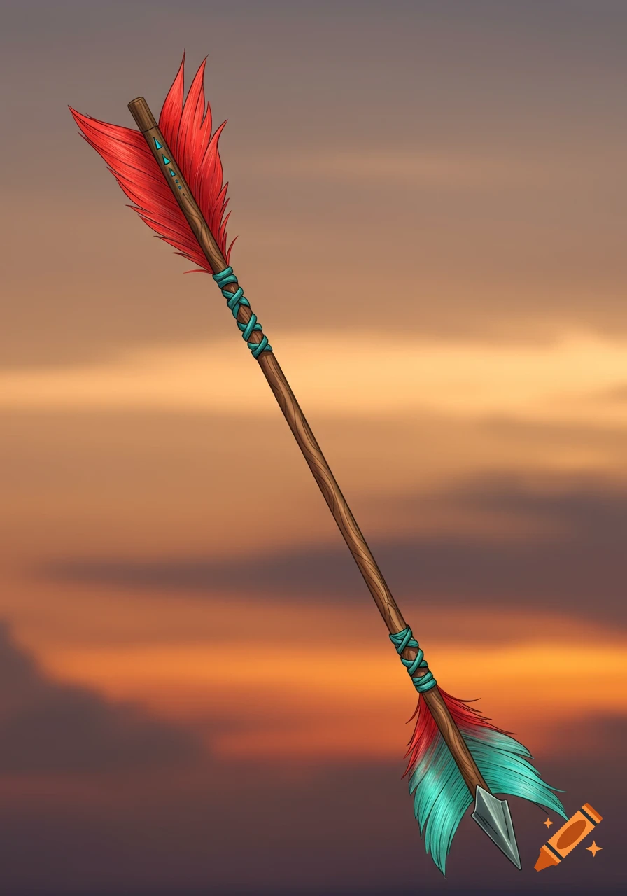 A stylized arrow with red and teal feathers and a turquoise wrapped shaft against a blurred orange and purple sky.