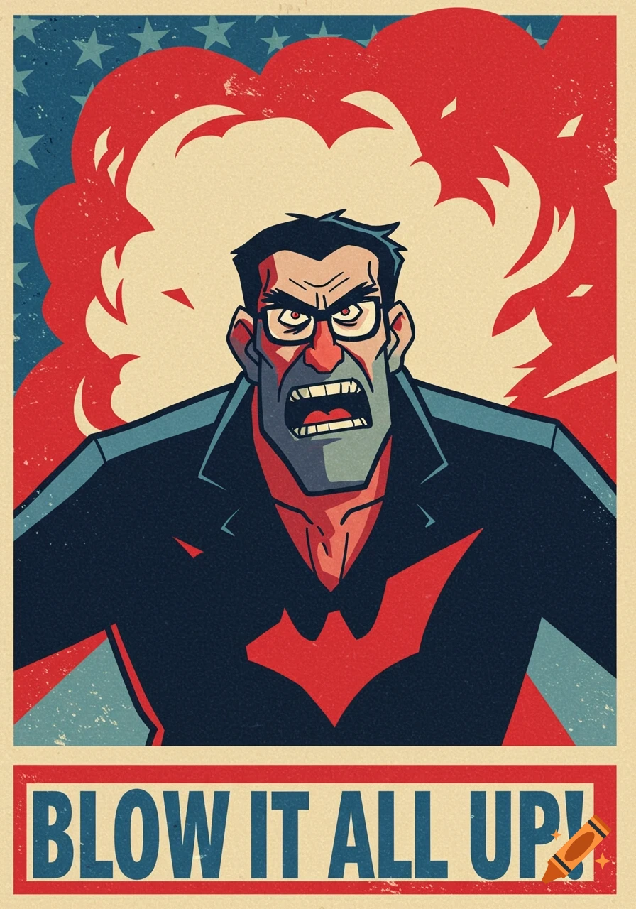 Vintage-style political poster of an angry Mad Stan from Batman Beyond with an explosion and text 'BLOW IT ALL UP!'.
