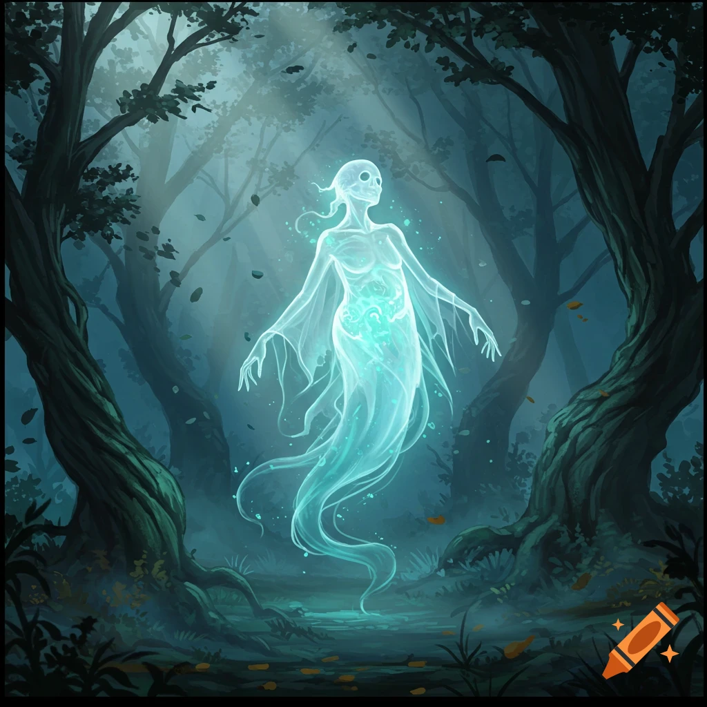 An ethereal, glowing ghost with skeletal features floats through a dark, misty fantasy forest, lit by shafts of light.