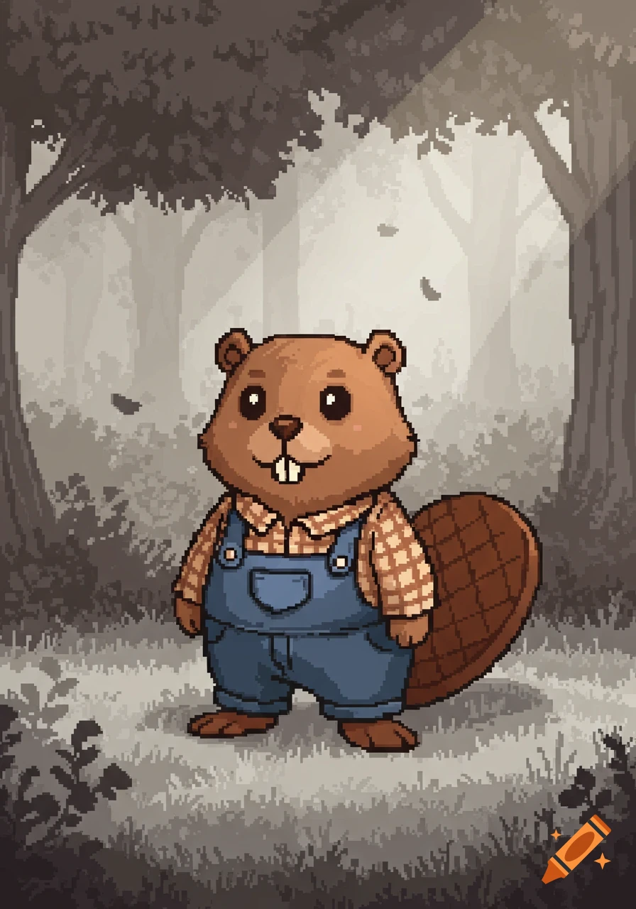 A cute pixel art anthropomorphic beaver wearing a plaid shirt and blue overalls stands in a forest with light rays.
